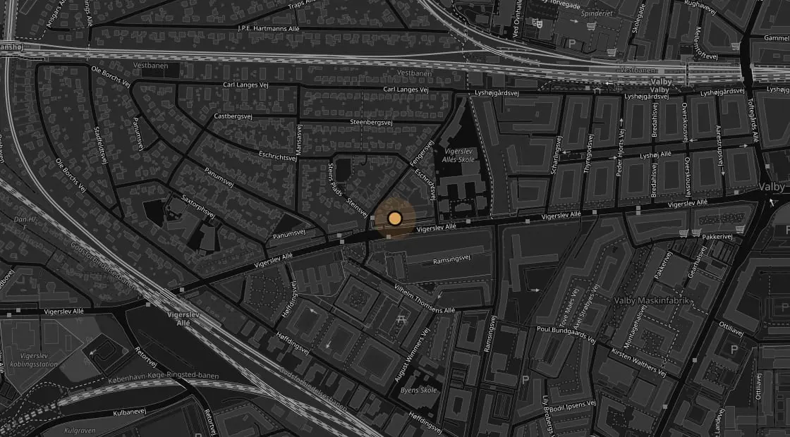 Kort over Vigerslev Allé 122, 2500 Valby med Ara Cuts markeret, to minutters gang fra Vigerslev Allé Station